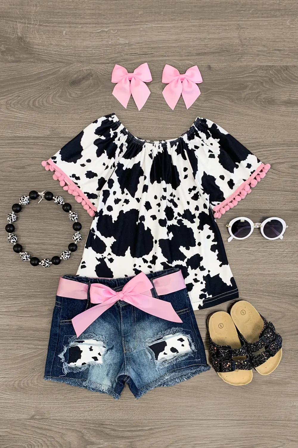 Cow Print Distressed Denim Short Set