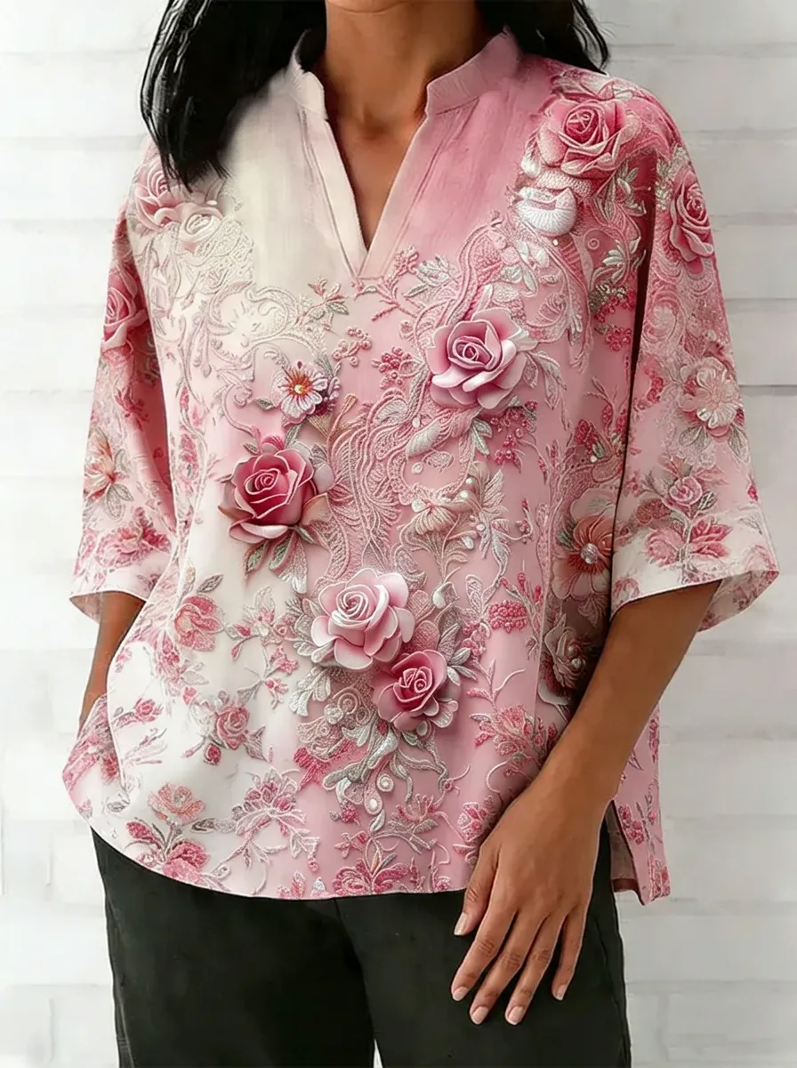 Women's Nashville Floral Rose 3D Printed V-neck Top