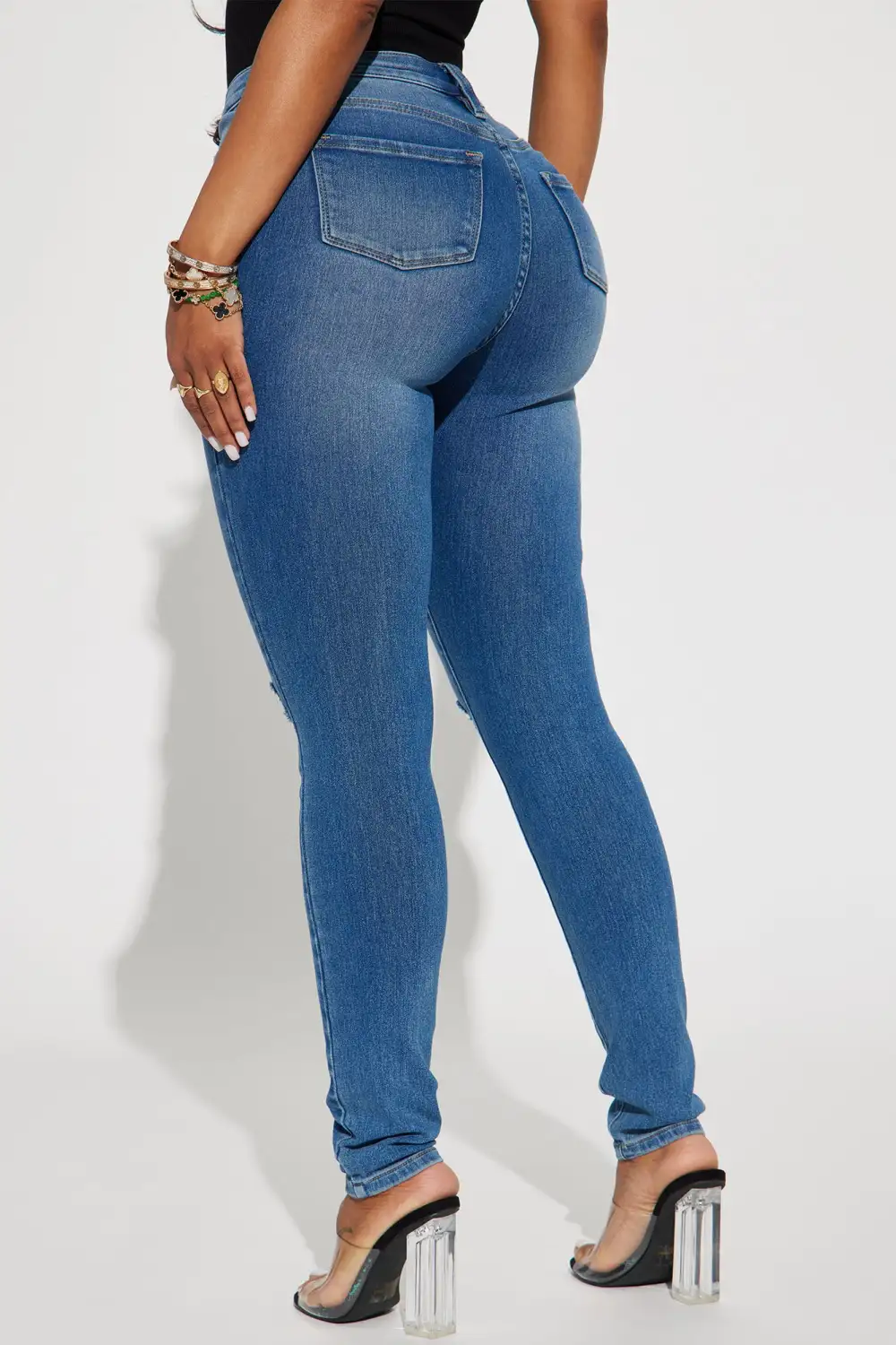 Emerie Knee Slit Mid Rise Skinny Jeans - Medium Wash