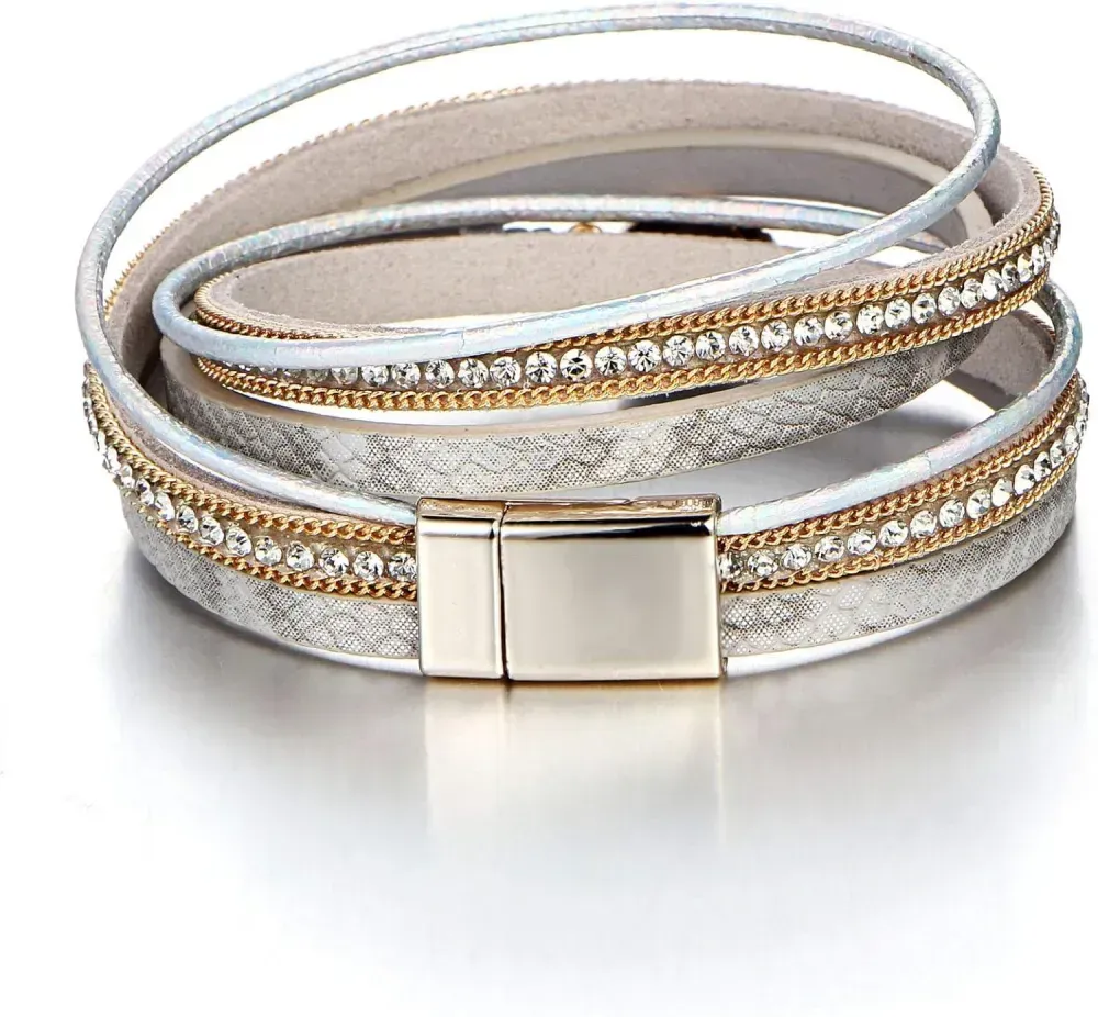 Fesciory Leather Wrap Bracelets for Women, Boho Leopard Multi-Layer Crystal Beads Cuff Bracelet Jewelry