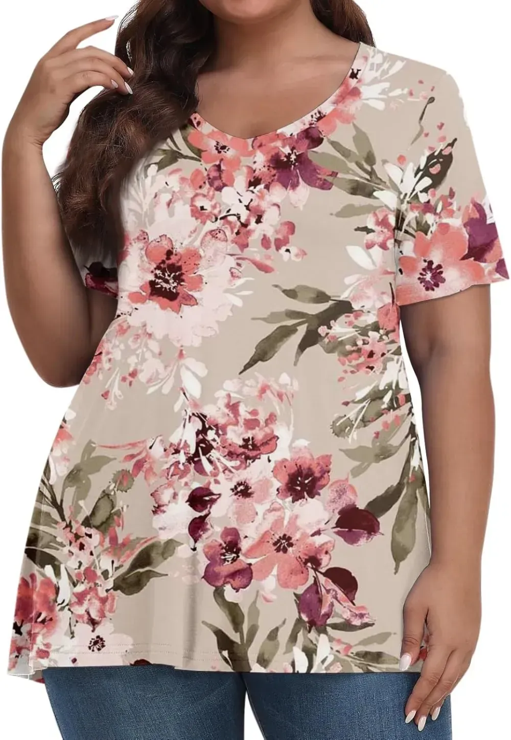 Plus Size Tops for Women Dressy Short Sleeve V Neck Shirts for Women Summer Tops for Women 2024 Floral Print Top
