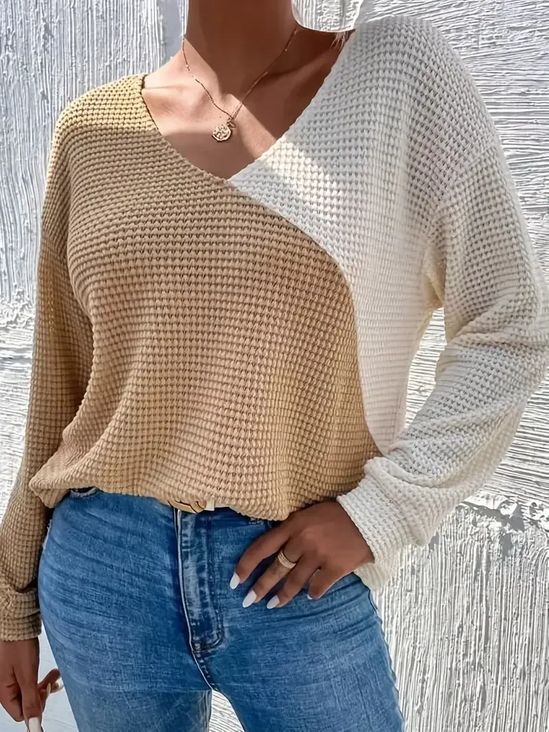 Color Block Twist Back Top, Versatile V-neck Top For Spring & Fall, Women's Clothing