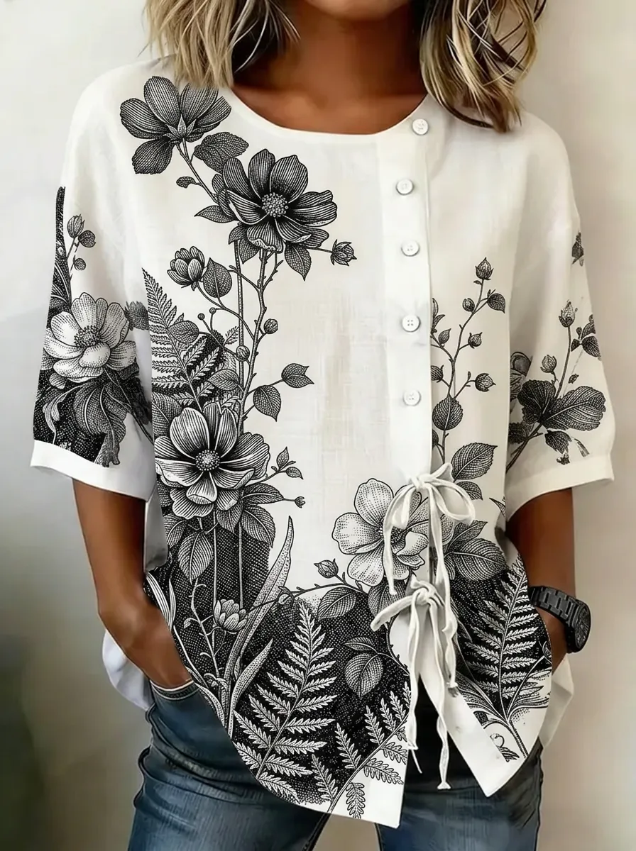 Women's Nashville Botanical Floral Black White Printed Button-up Top