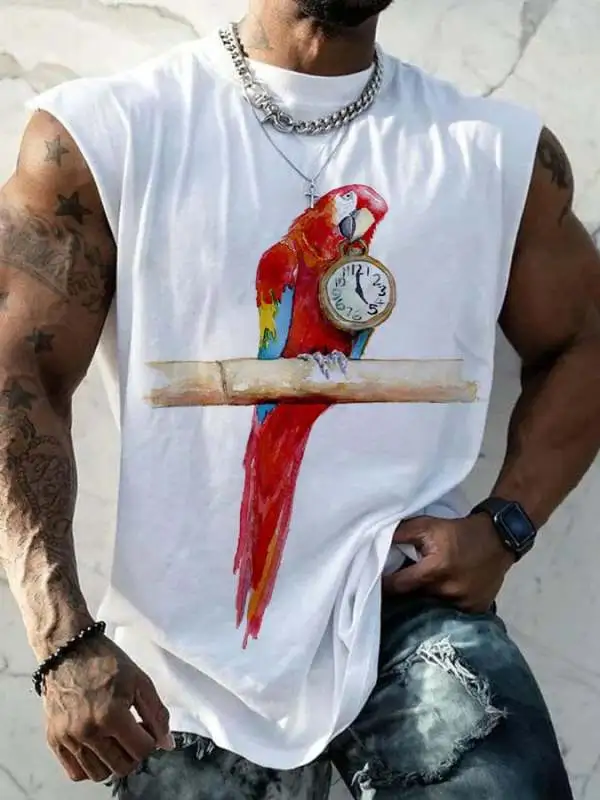 Men's 5 O'clock Parrot Print Round Neck Tank Top