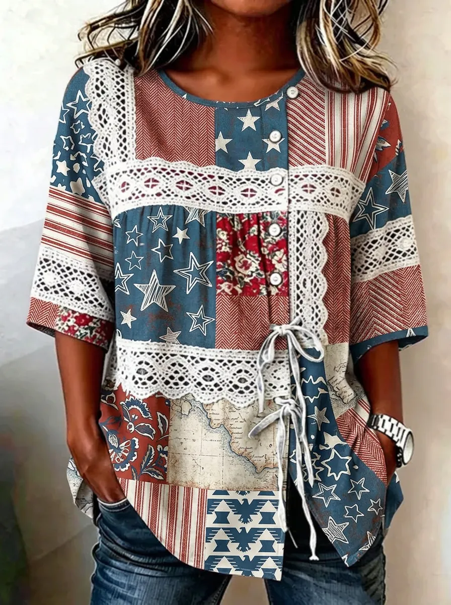 Women's Nashville Country Star Patchwork Lace Printed Top