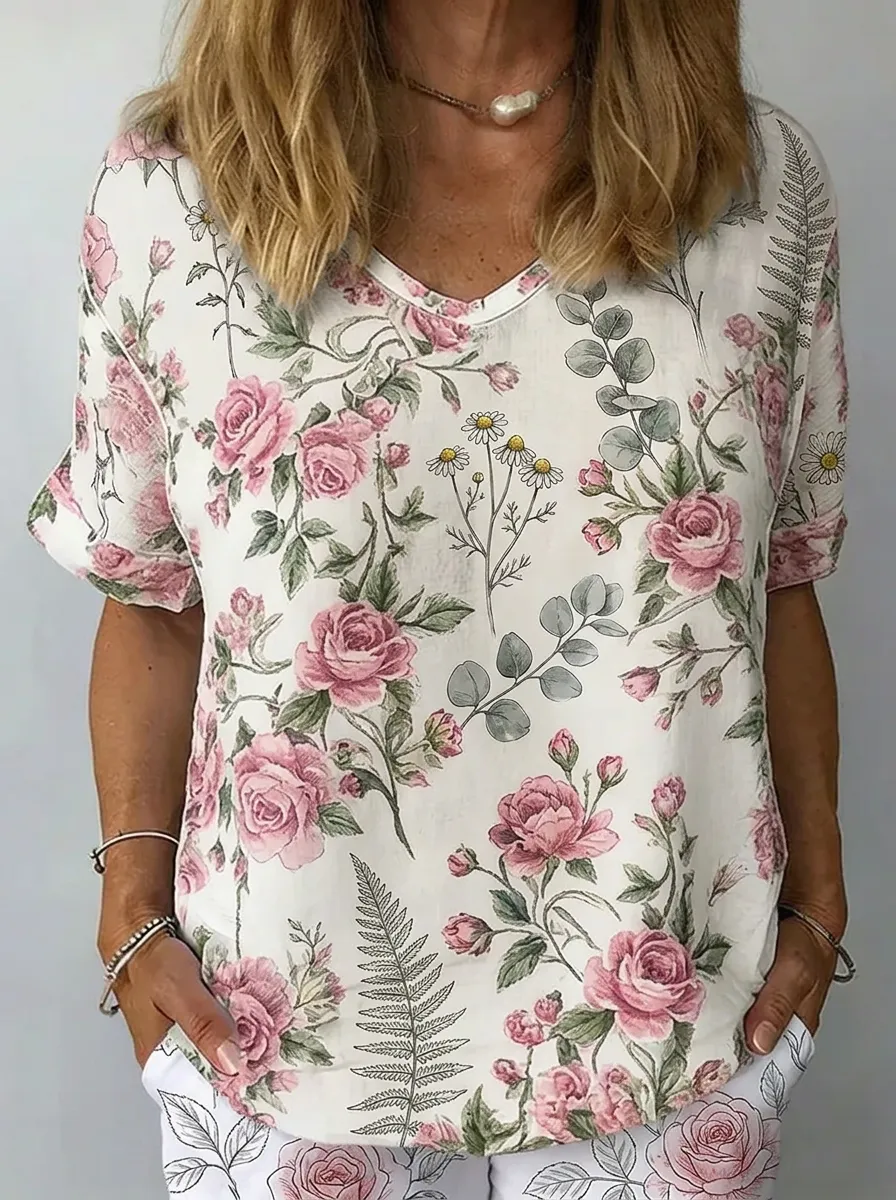 Women's Nashville Floral Rose Botanical Printed V-neck Top
