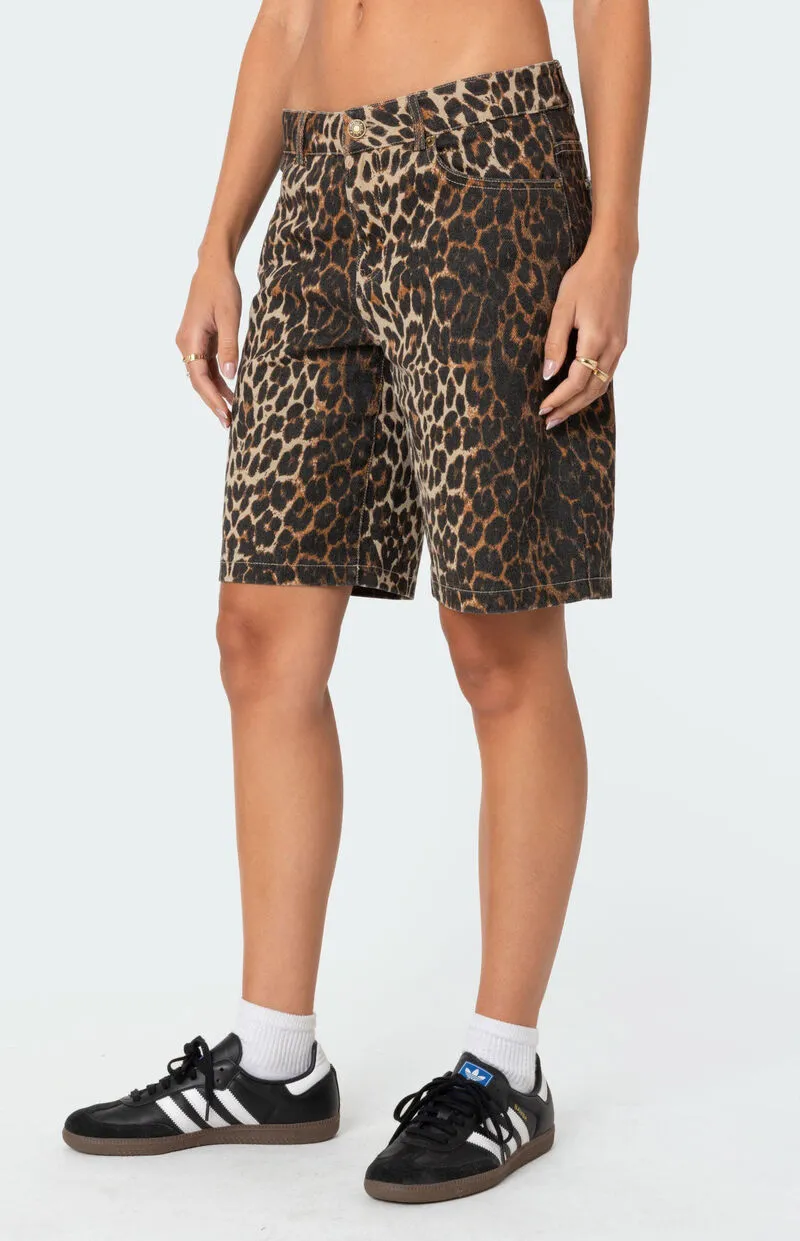 Edikted Leopard Low Rise Denim Bermuda Shorts