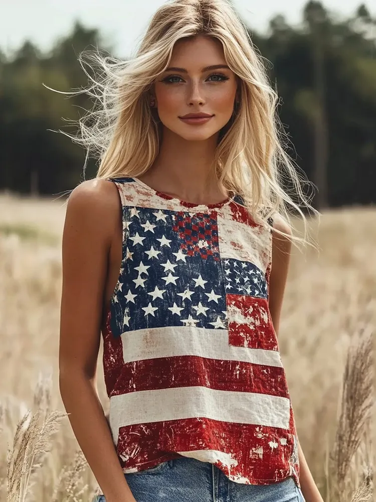 Women's Vintage Independence Day Flag Print Casual Tank Top