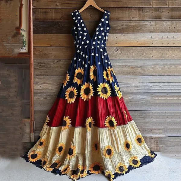 Women's Vintage Independence Day Flag Sunflower Art Linen Midi Dress