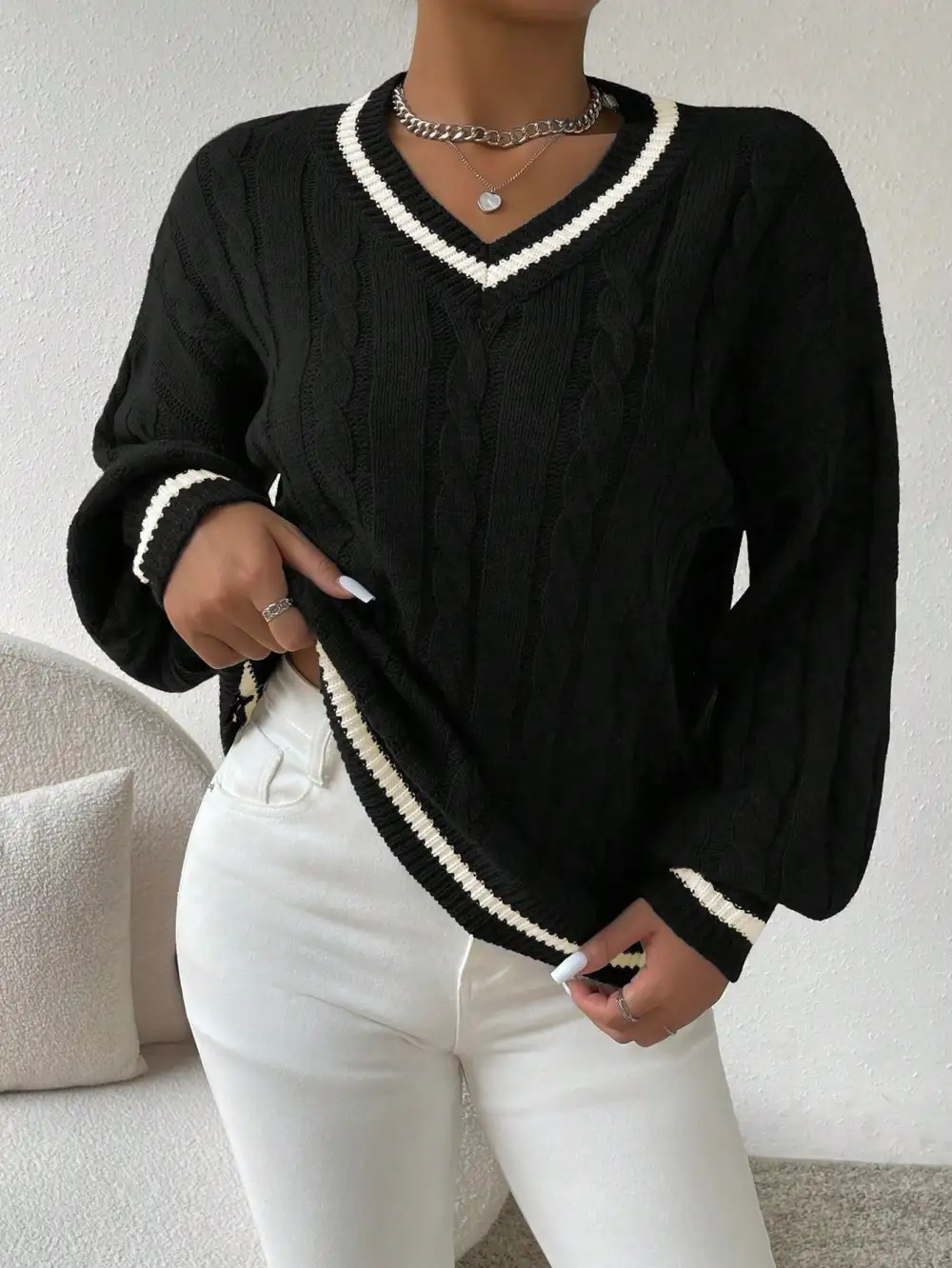Sweater ribete de rayas tejido de cable de hombros caídos