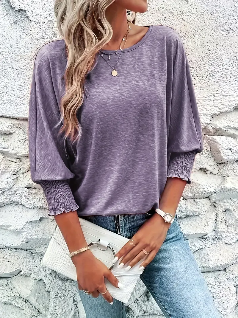 Elegant Women's Lavender Mid-Sleeve T-Shirt - Casual Crew Neck, Soft Polyester Blend with Subtle Cuff Detail, Machine Washable - Ideal for Spring/Summer/Fall