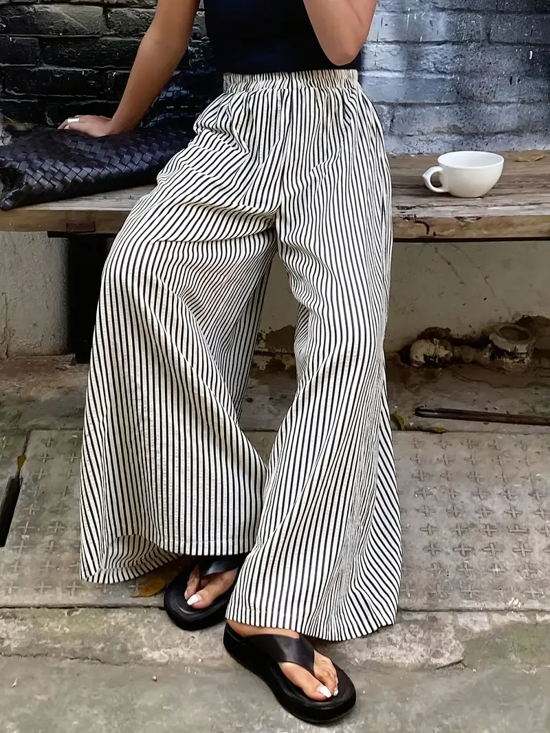Women's Striped Wide Leg Pants with Elastic Waist - Casual Polyester, Machine Washable, High-Contrast Vertical Stripes, Comfortable All-Season Wear