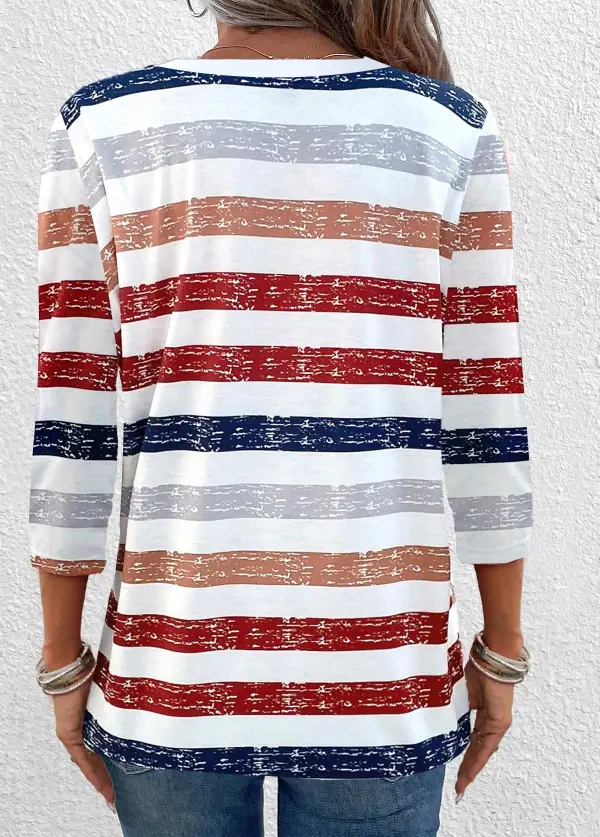 Multi Color Button 3/4 Sleeve V Neck T Shirt