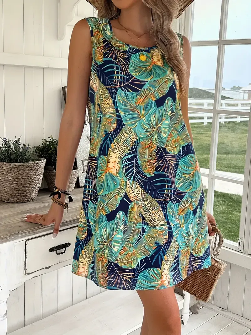Tropical Leaf Print Sleeveless Tank Dress, Elegant Crew Neck A-line Tank Dress For Spring & Summer, Women's Clothing
