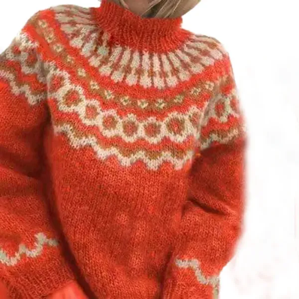 Vintage Turtleneck Pullover Chunky Jacquard Sweater