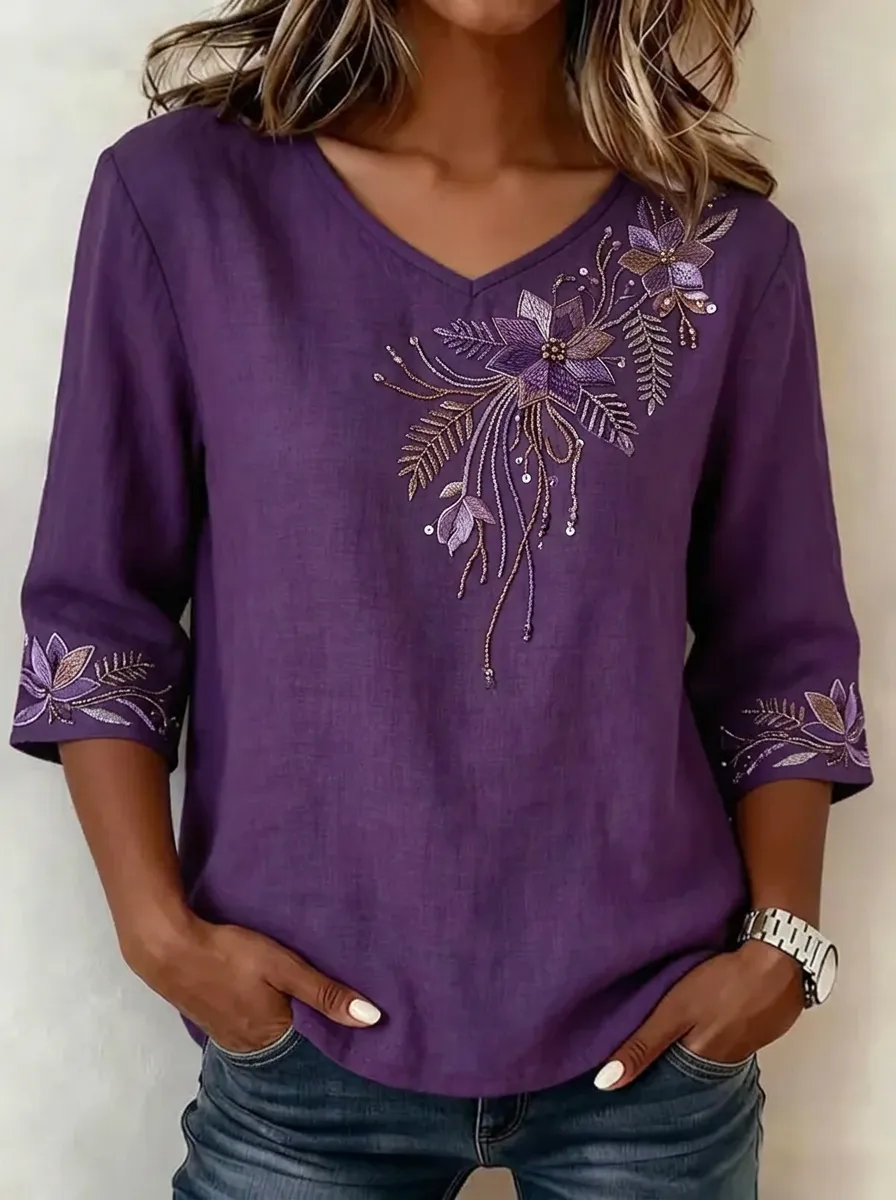 Women's Nashville Floral Embroidery Printed V-Neck Top