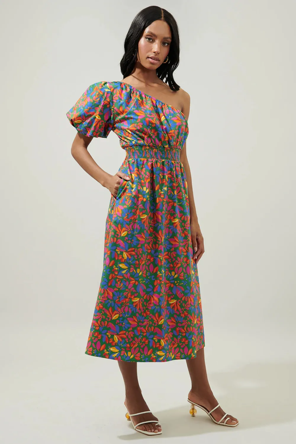 Blue Bridgette One Shoulder Midi Dress