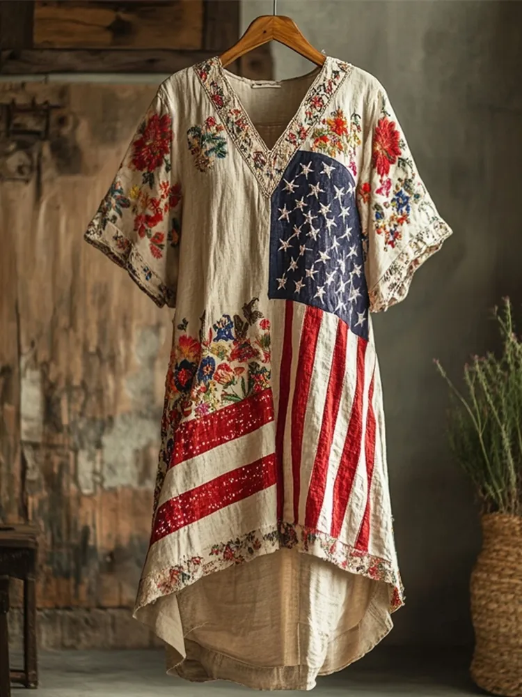 Independence Day Boho Floral Embroidery Women's Linen Short Sleeve Maxi Dress