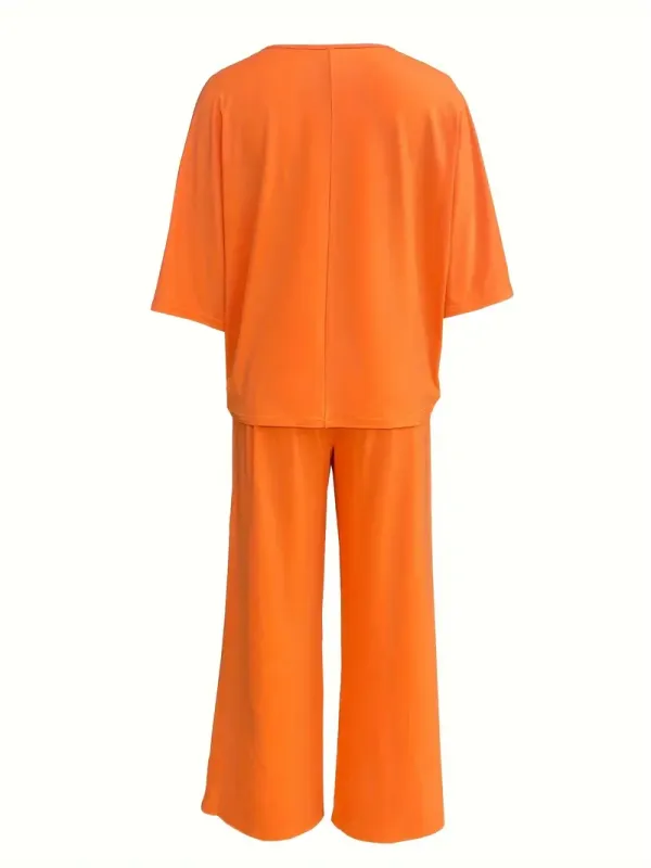 Women's Casual Solid Color Pants Set with V-Neck Top and Wide Leg Pants