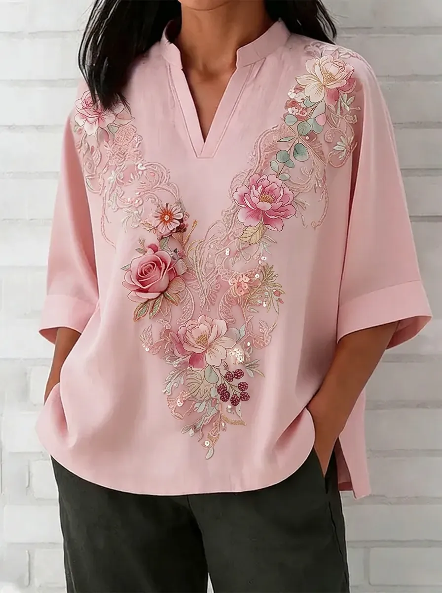 Women's Nashville Floral Embroidery V-Neck Printed Top