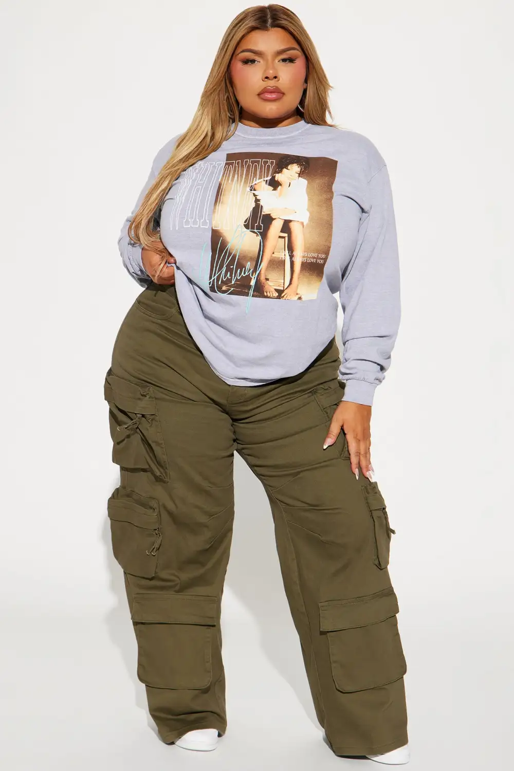 Whitney Houston Washed Long Sleeve Tee - Grey