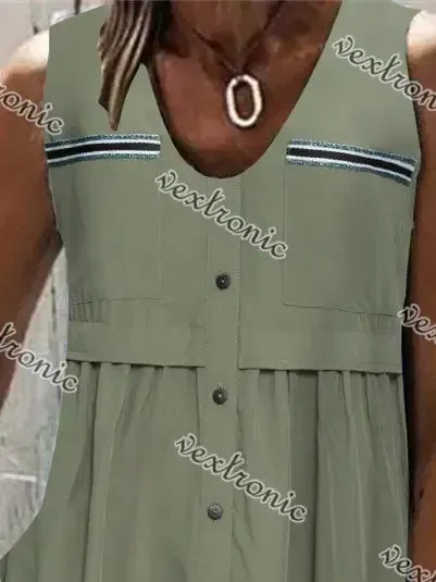 Women Sleeveless V-neck Button Stitching Solid Top