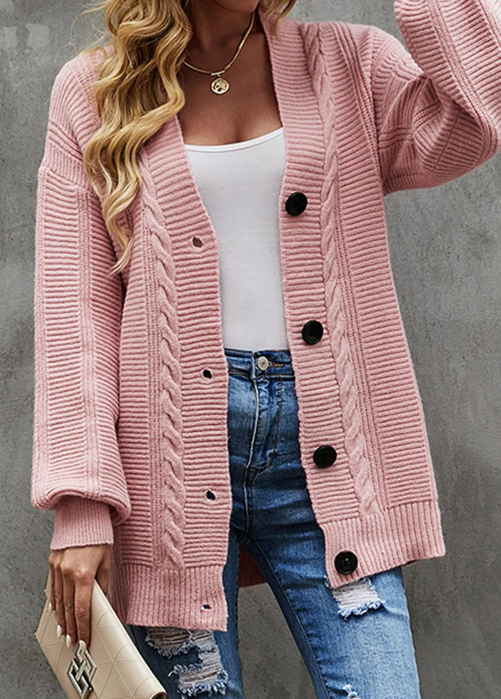 Light Pink Button Long Sleeve Cardigan
