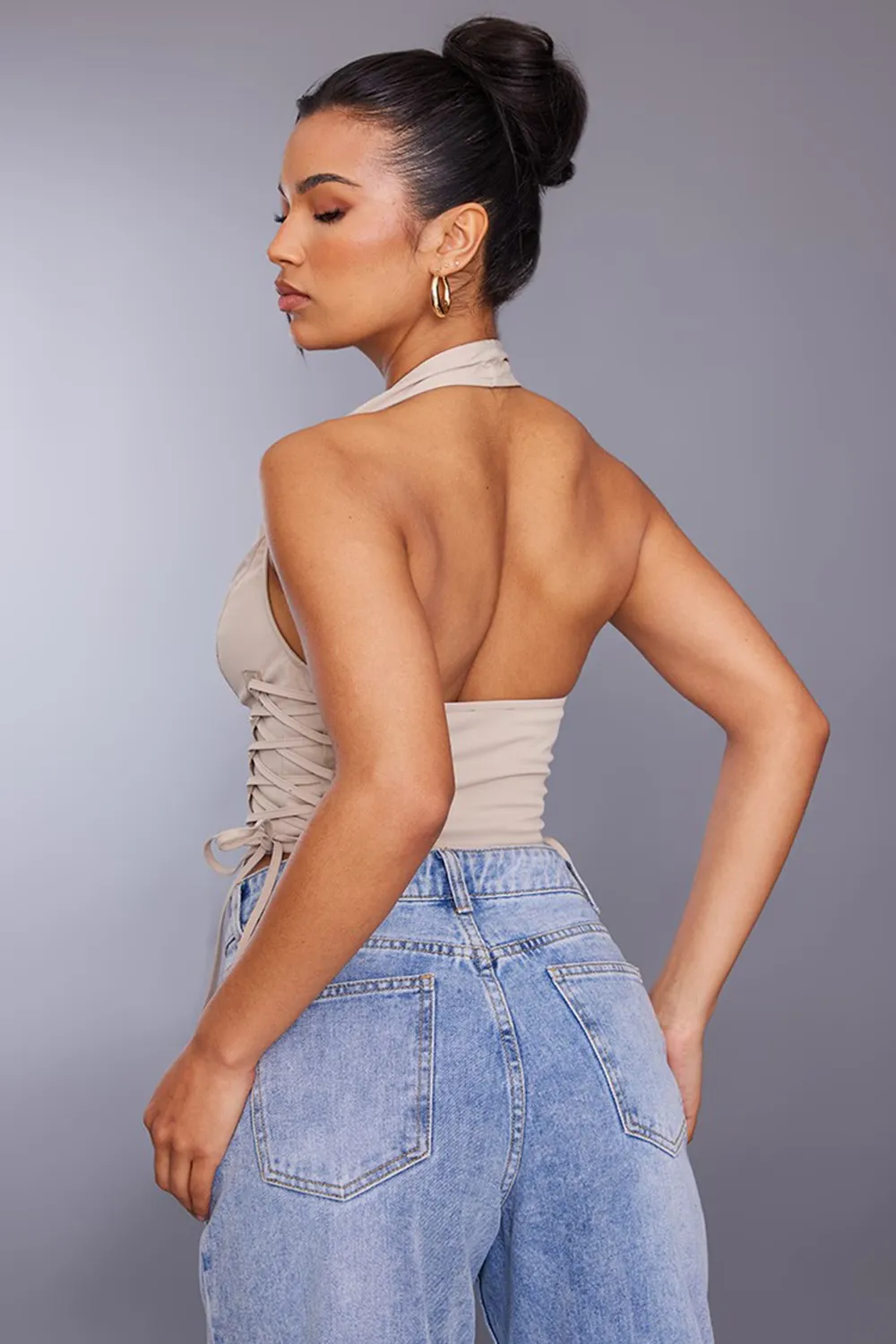Stone Cargo Lace Up Side Zip Up Crop Top