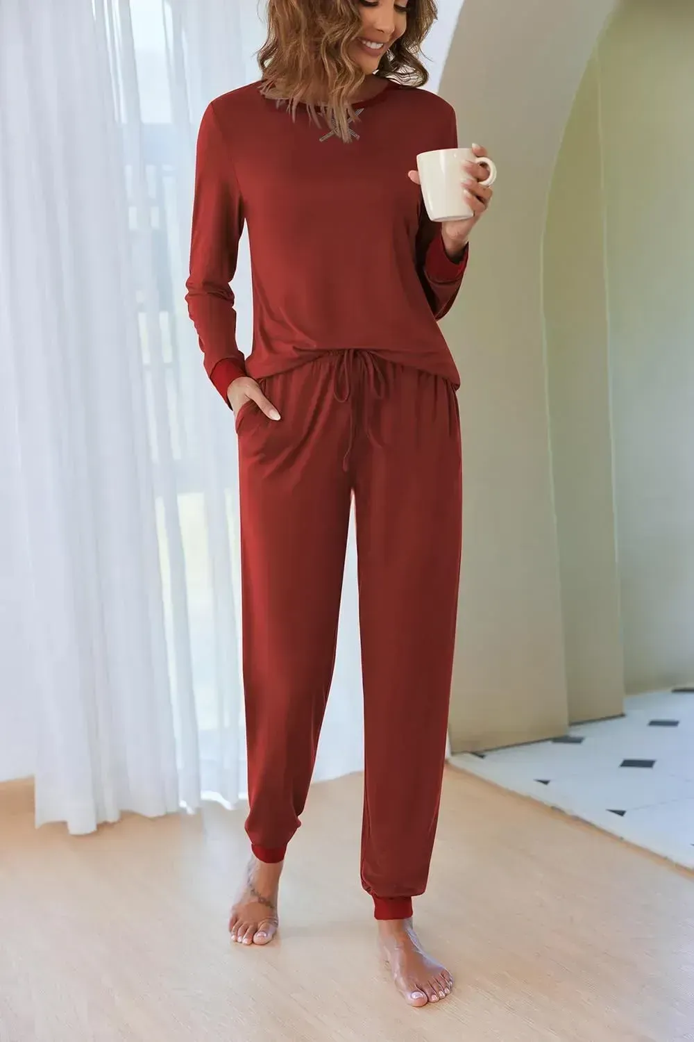 Women's Pajamas Sets Long Sleeve with Plaid Pants Soft Sleepwear O Neck 2 Piece Pjs Joggers Loung Set with Pockets