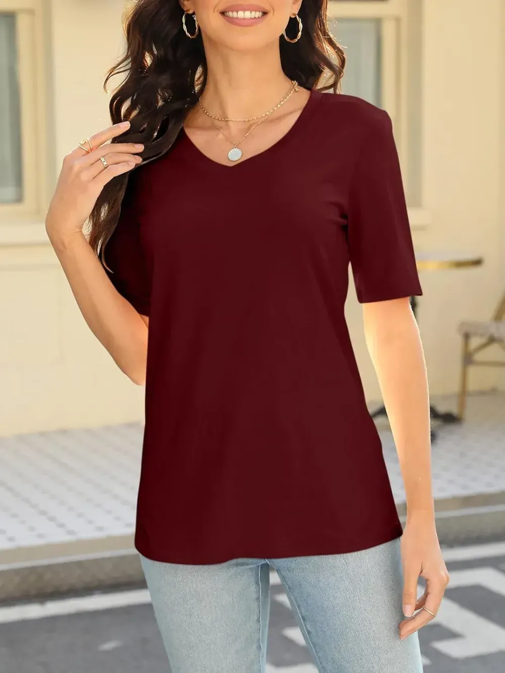 ORANDESIGNE Women's Color Block Short Sleeve T Shirts Casual V Neck Summer Tops Tees Loose Fit Blouses