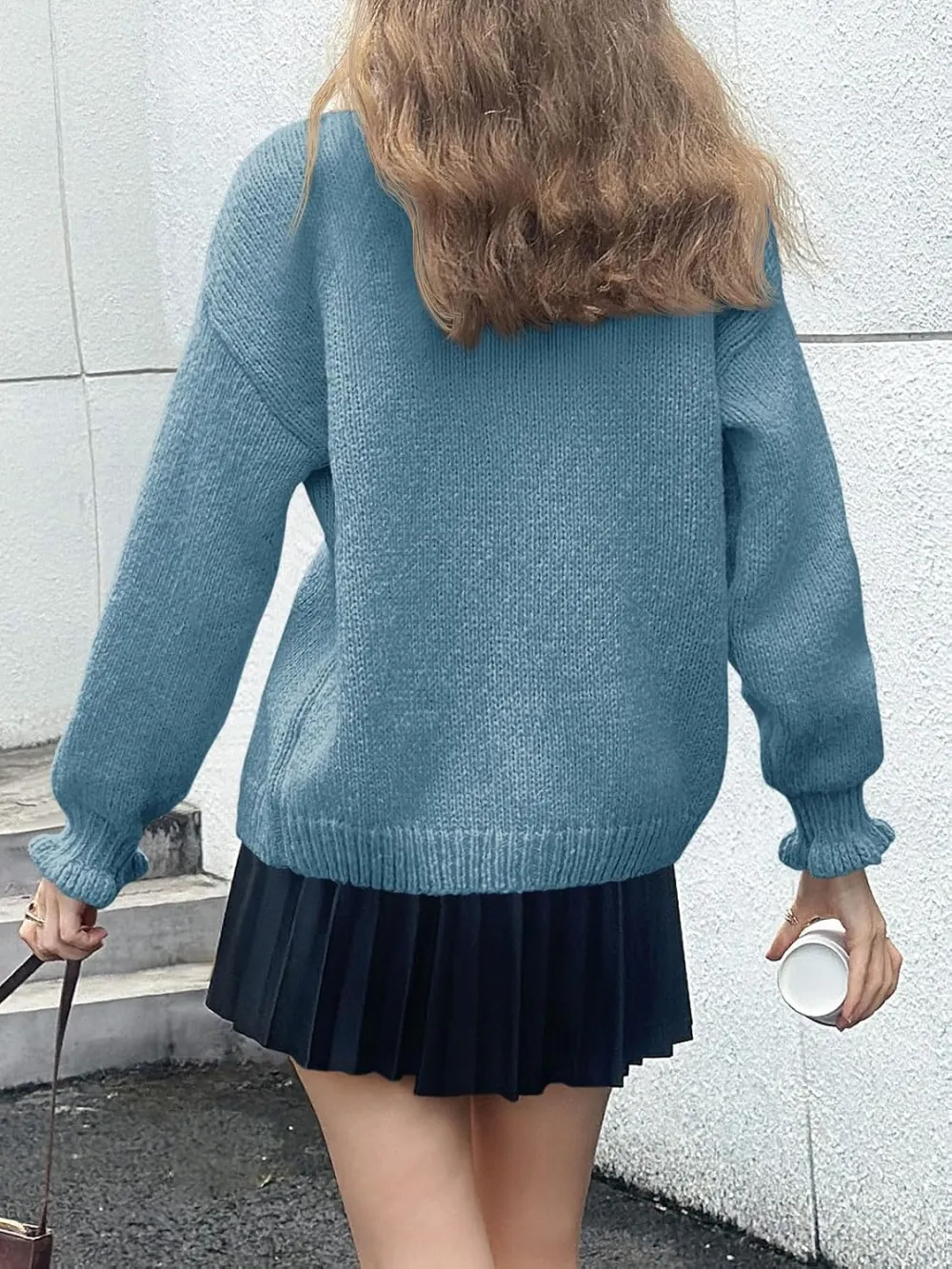 🎄Hot Sale Ruffle Cardigan Oversized Button Up Ribbed Knit Open Front Long Sleeve Loose Sweater
