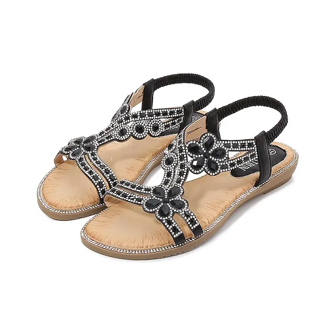 Women's Sandals Boho Bohemia Beach Flat Sandals Plus Size Outdoor Beach Rhinestone Flat Heel Elegant Casual PU Loafer Silver Rose Gold Black