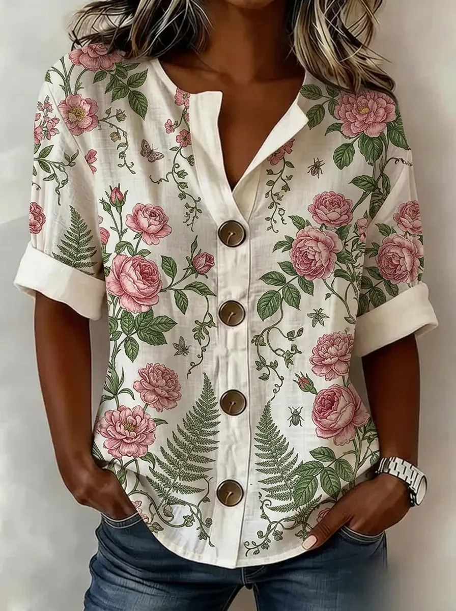 Women's Nashville Floral Fern Botanical Printed Button-Up Shirt