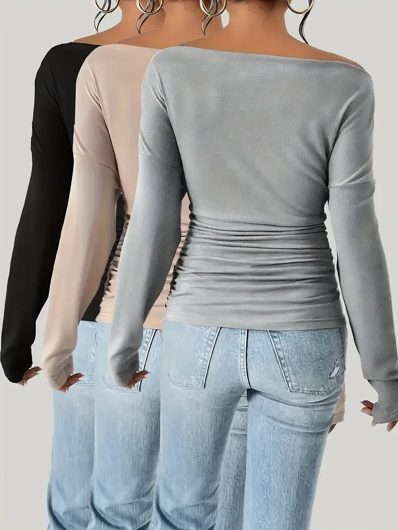 3-Pack Women'S Elegant Off-Shoulder Long Sleeve Tops, Solid Color Knit Polyester Blend, Soft Comfortable Fall/Winter Wear, 95% Polyester 5% Elastane, 180g/m² Fabric Weight