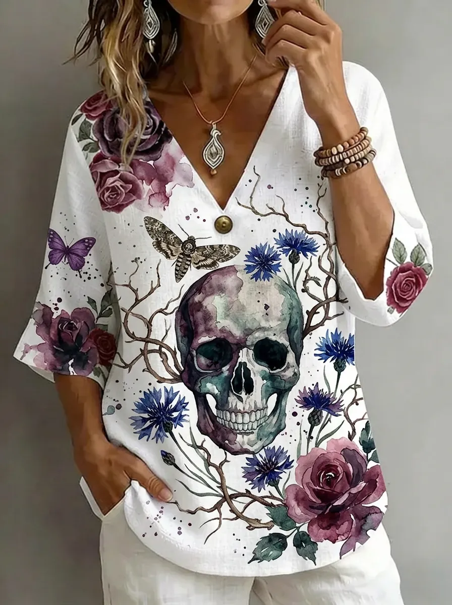 Women's Nashville Gothic Skull Floral Butterfly Printed V-Neck Top