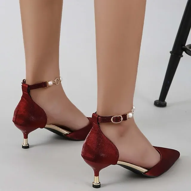 Women's Heels Sandals Heel Sandals Plus Size Ankle Strap Sandals Daily Club Summer Rhinestone Imitation Pearl Stiletto Heel Pointed Toe Elegant Sexy Satin Ankle Strap Solid Color Matte Black Black Red