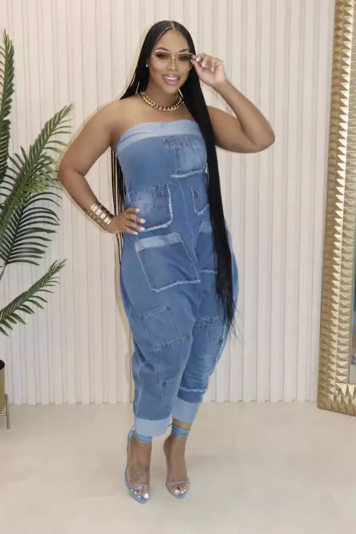 Strapless Pockets Raw Edge Harem Leg Denim Jumpsuit-Blue