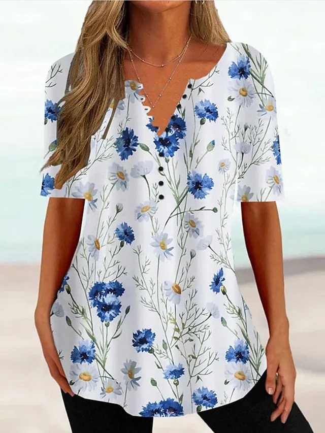 Women's T shirt Tee Henley Shirt Floral Holiday Weekend Grass Green Light Green Red Button Print Short Sleeve Tunic Basic Round Neck Regular Fit