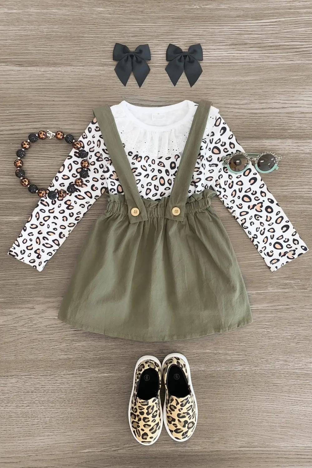 White Cheetah & Olive Suspender Skirt Set