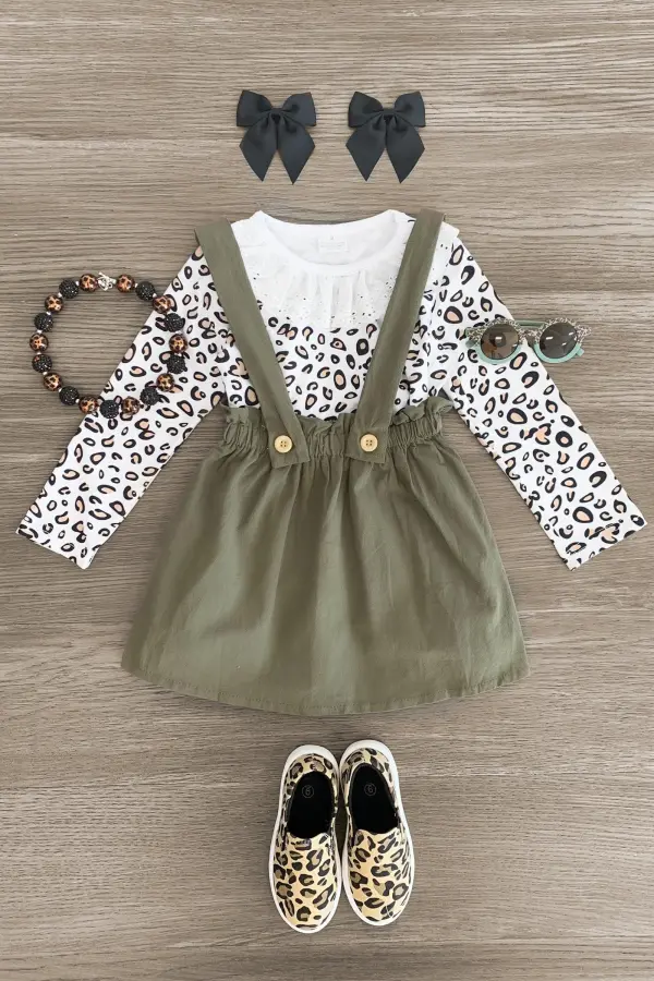 White Cheetah & Olive Suspender Skirt Set