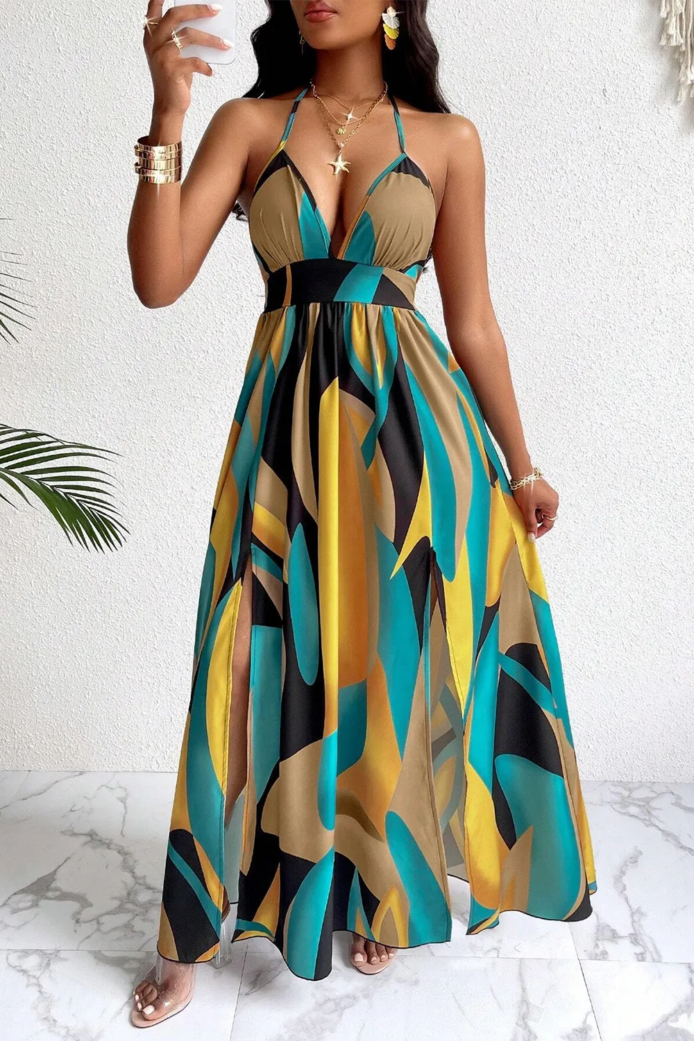 Sexy Backless Multi-color Pattern Dress