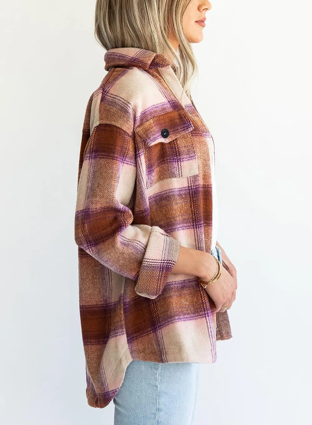 Women's Flannel Plaid Shacket Long Sleeve Button Down Chest Pocketed Shirts Jacket Coats