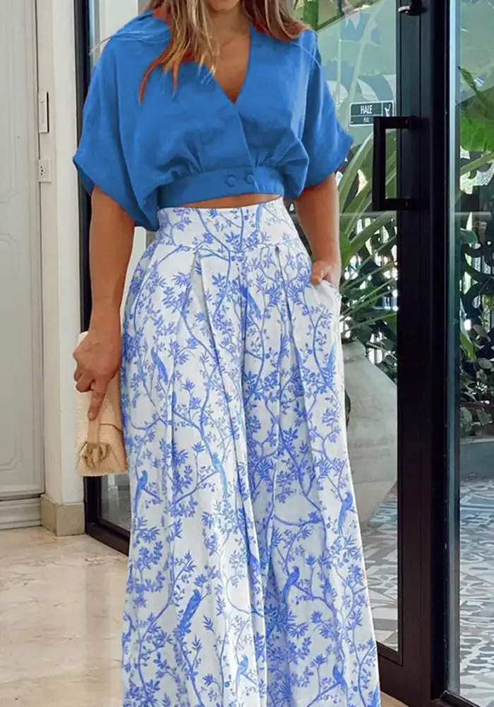 Uptown Girl Shirt Print Wide Leg Pants Set