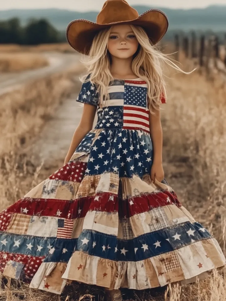 Young Girl's Patchwork Independence Day America Flag Print Linen Short Sleeve Dress