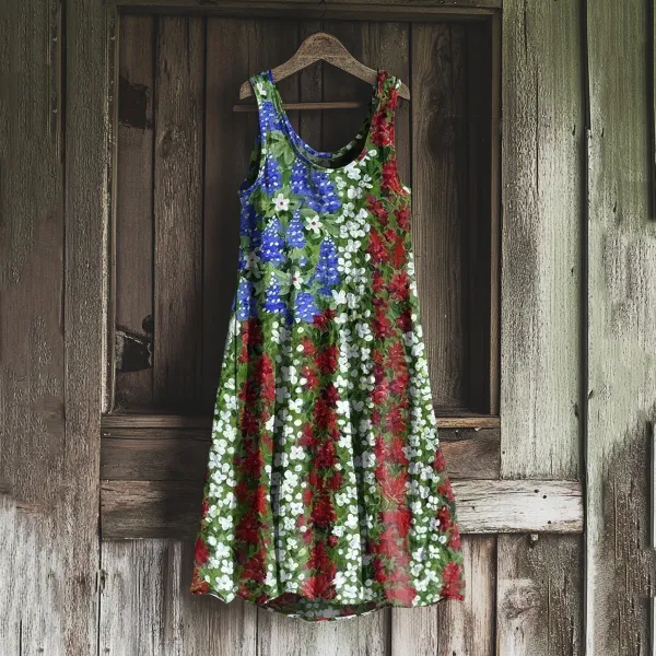 Women's American Independence Day Flag Print Sleeveless Dress