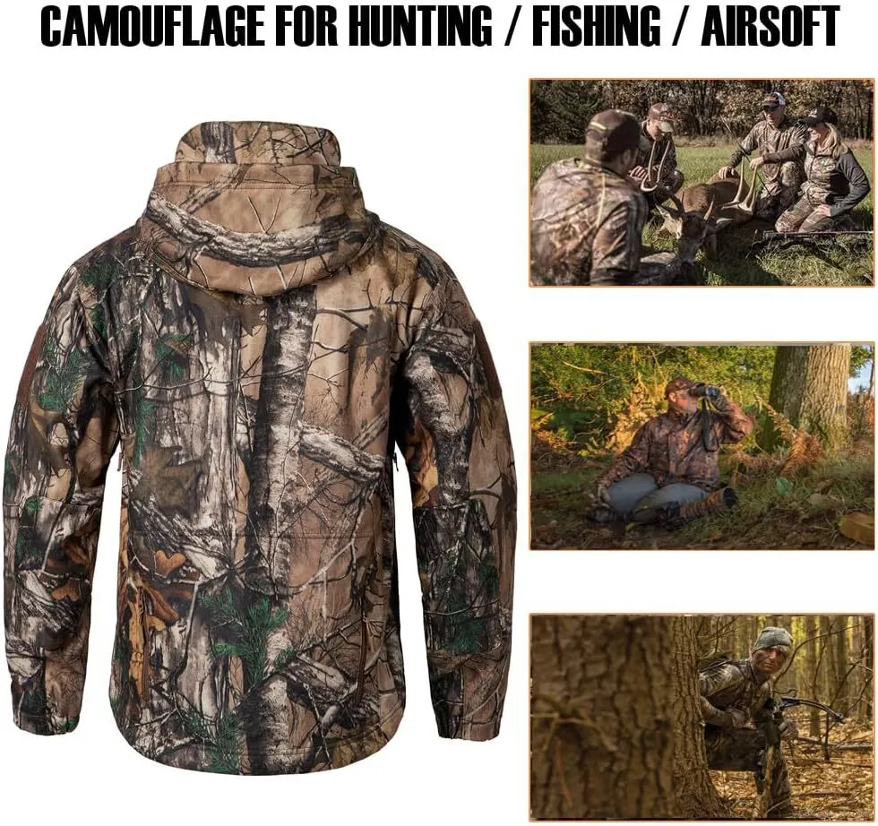 Men's Camo Quiet Hunting Jacket Waterproof Softshell Fleece Lined Camouflage Outdoor Hiking Fishing Coat
