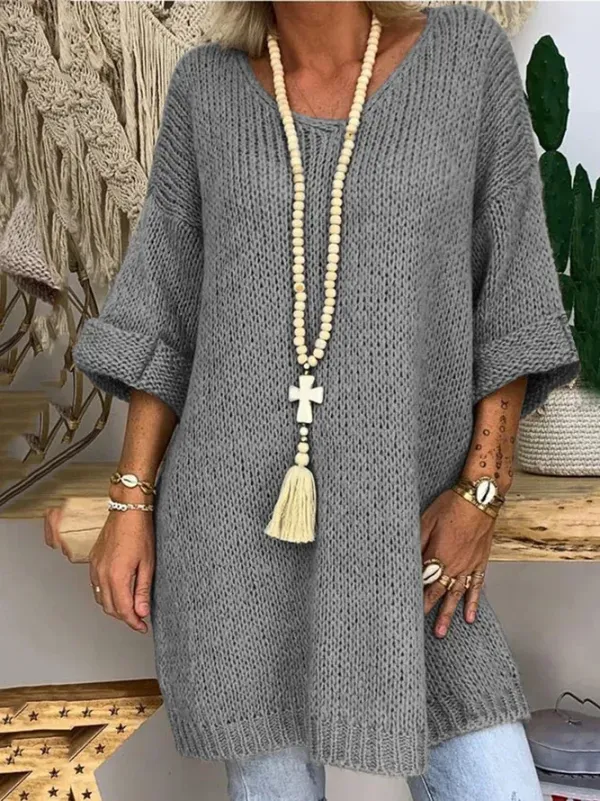 Women 3/4 Sleeves V-Neck Solid Knitted Sweaters