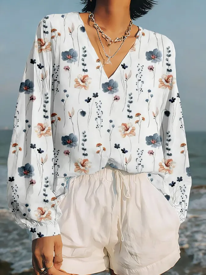 Women's Retro Flower And Plant Printed Art Shirt