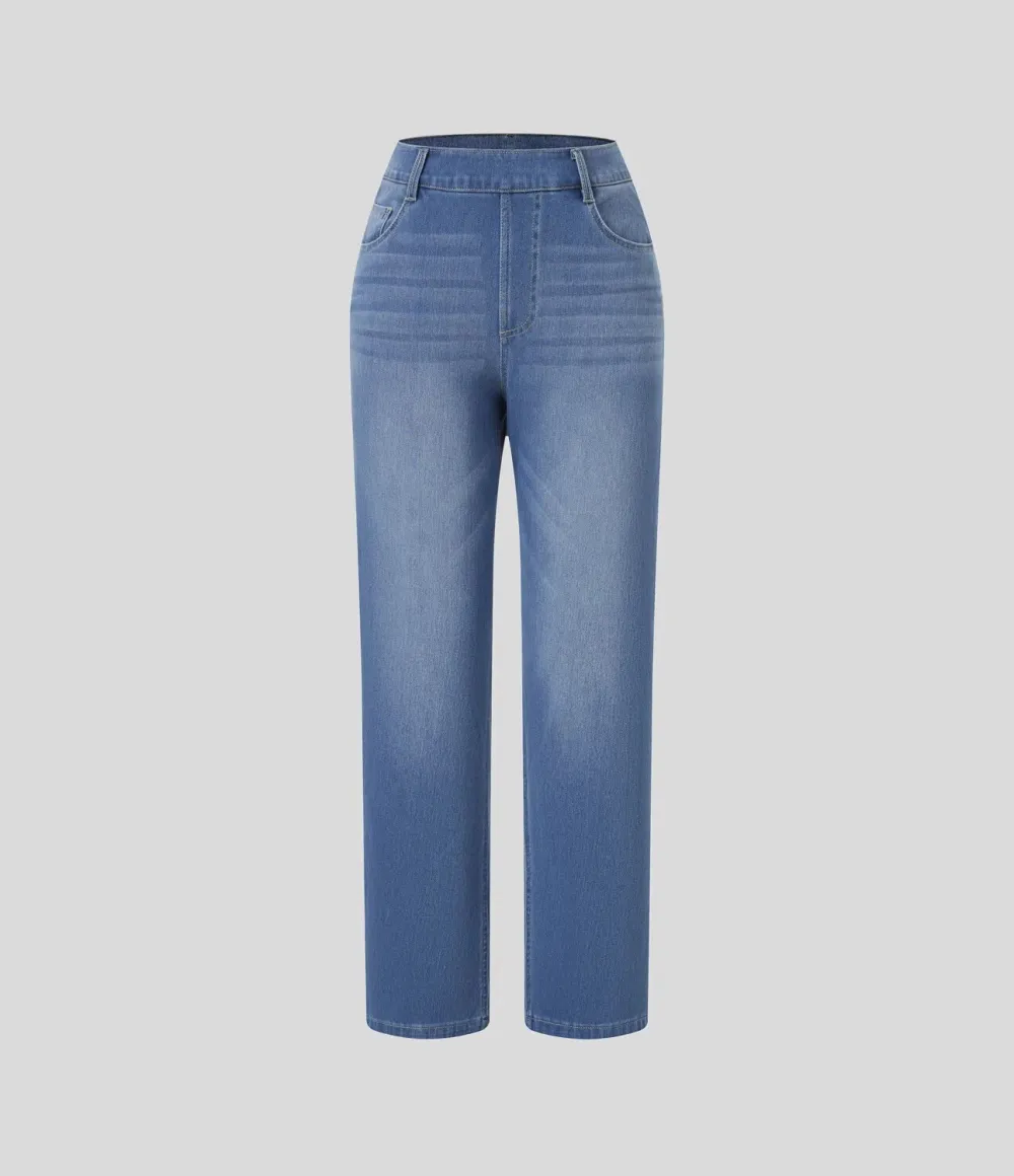 High Waisted Multiple Pockets Straight Leg Washed Stretchy Knit Casual Jeans