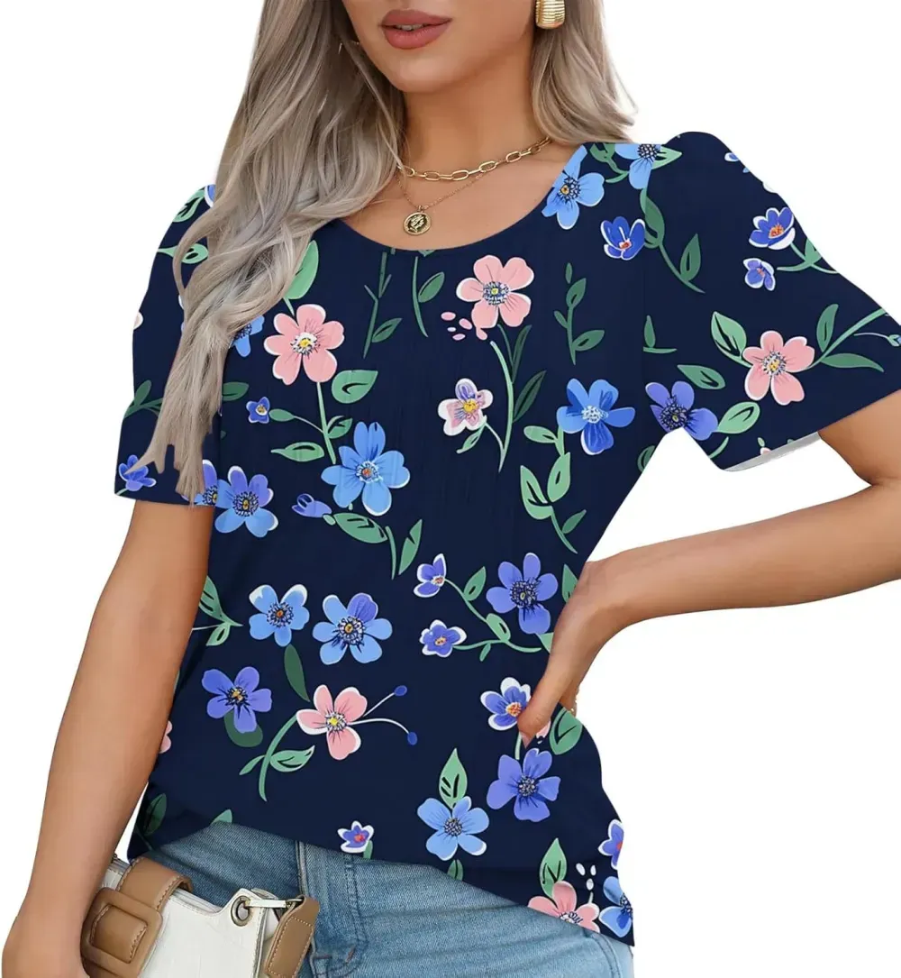 Womens Summer Pleated Front Shirts Tunics Casual Short Sleeved Loose Round Neck Boho Printed Tops Vacation Blouse